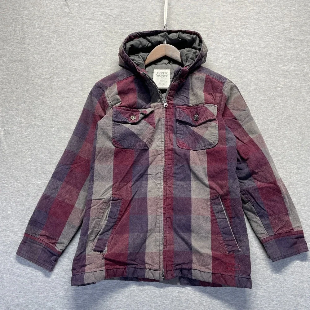VTG Levi's Flannel Jacket Youth Kids M 12/14 Multi Plaid Cotton Hooded Full Zip